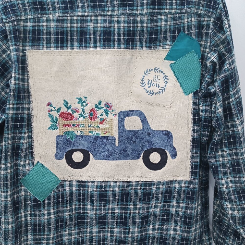 Upcycled Flannel with Blue Truck with Flowers